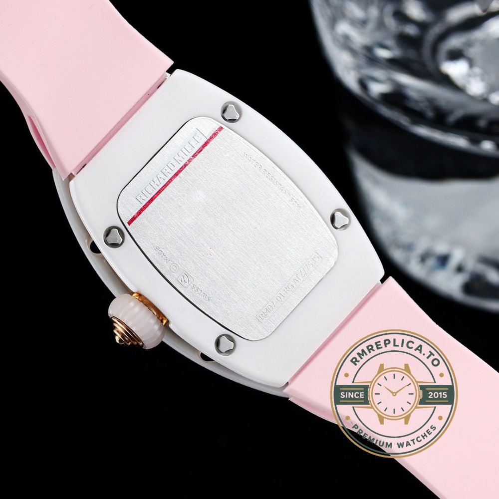 Fake Richard Mille RM 07-01 Bonbon Pink Marshmallow dial detail with pink, mint green and yellow stripes – fake richard mille