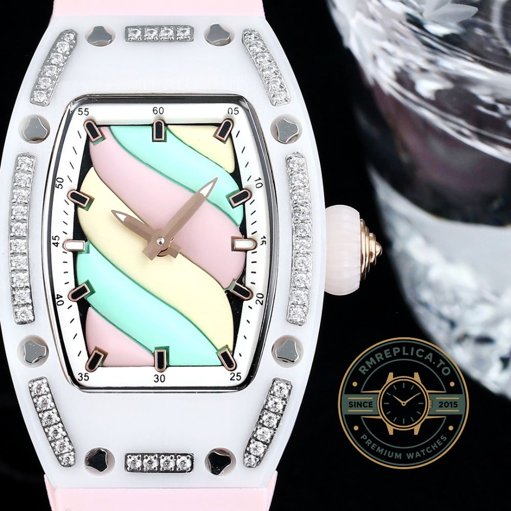 Richard Mille replicas RM 07-01 Bonbon pink rubber strap buckle detail – richard mille replicas