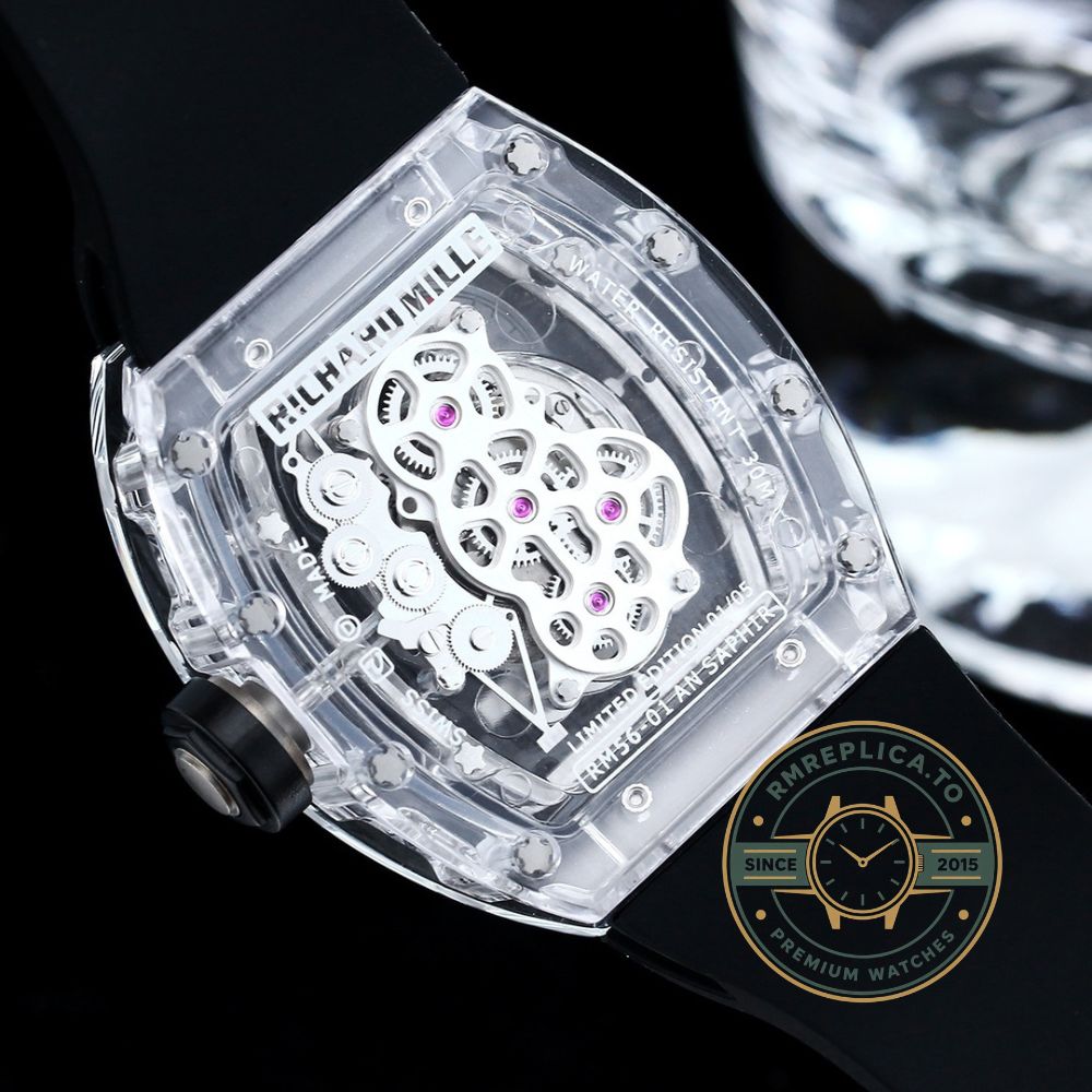 Richard Mille RM56-01 super clone transparent case black strap clean display front view – richard mille super clone