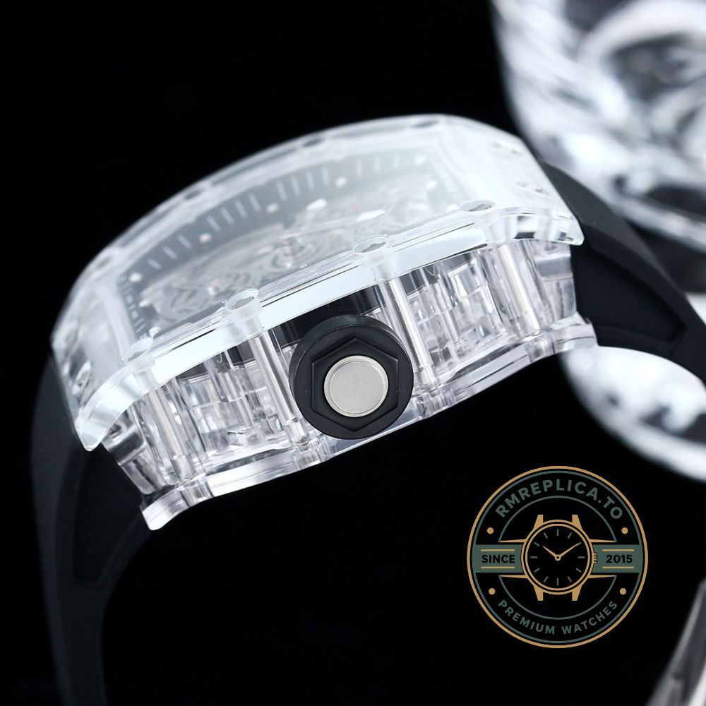 Fake Richard Mille RM56-01 transparent case with black strap detail view – fake richard mille