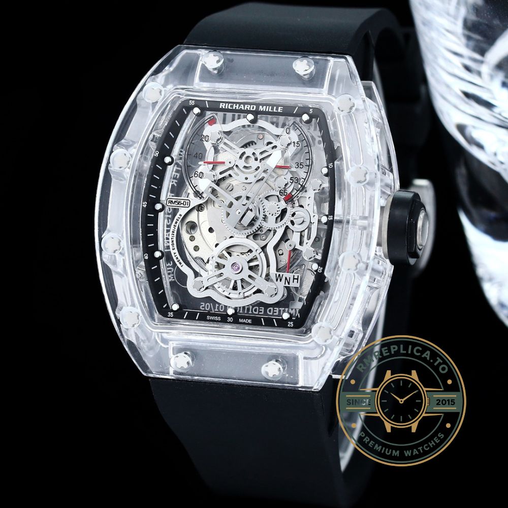 Replica Richard Mille watch RM56-01 transparent case with black strap angled front view – replica richard mille watch