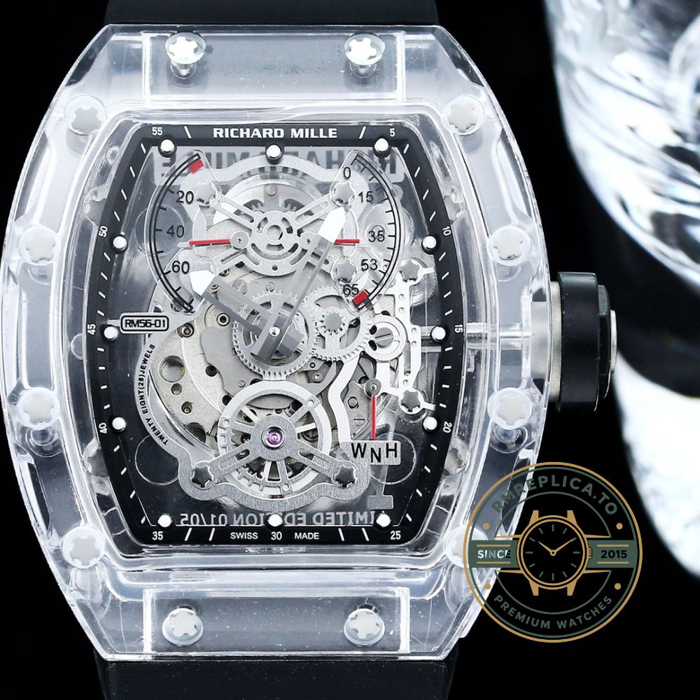 Richard Mille clone RM56-01 transparent case with black strap side view – richard mille clone