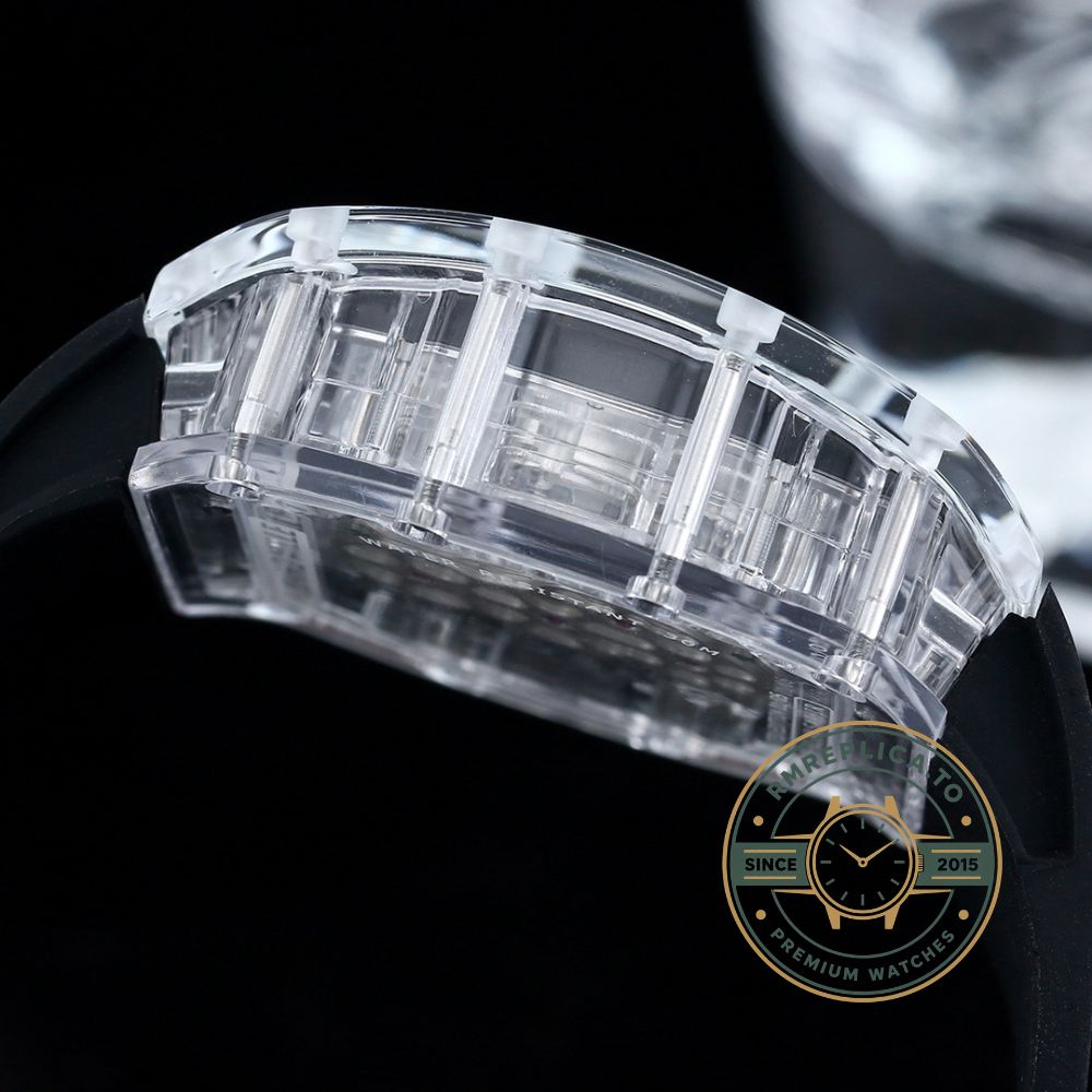 Best Richard Mille replica RM56-01 transparent case with black strap angled detail view – best richard mille replica