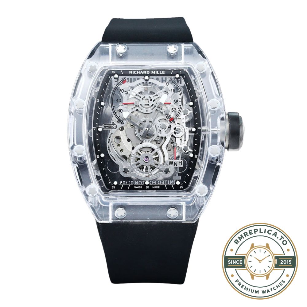 Richard Mille replicas RM56-01 transparent case with black strap front view dial display – richard mille replicas