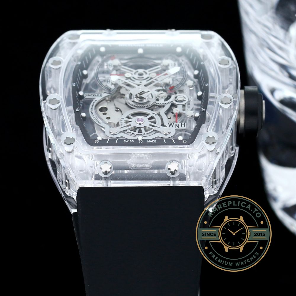 Imitation Richard Mille RM56-01 transparent case with black strap side view crown structure – imitation richard mille