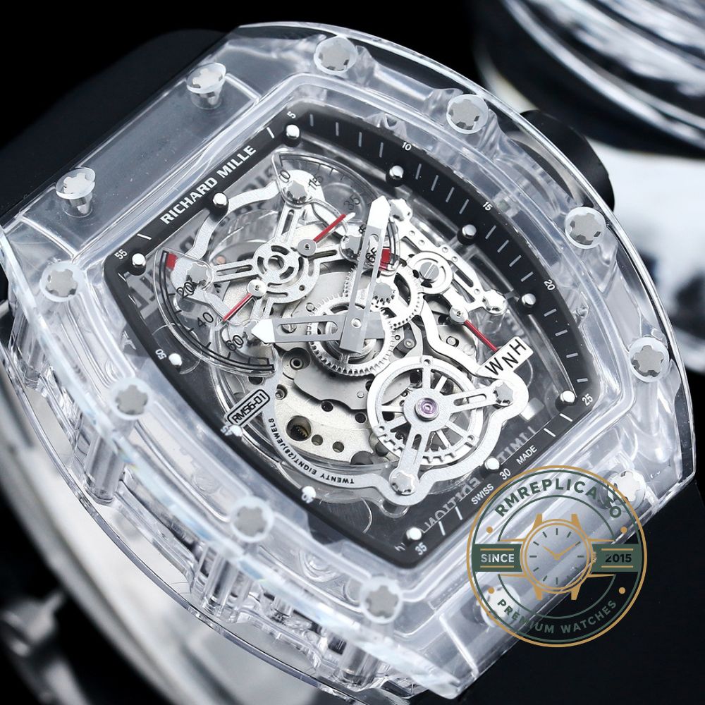 Richard Mille swiss replicas RM56-01 transparent case with black strap angled detail view caseback movement – richard mille swiss replicas