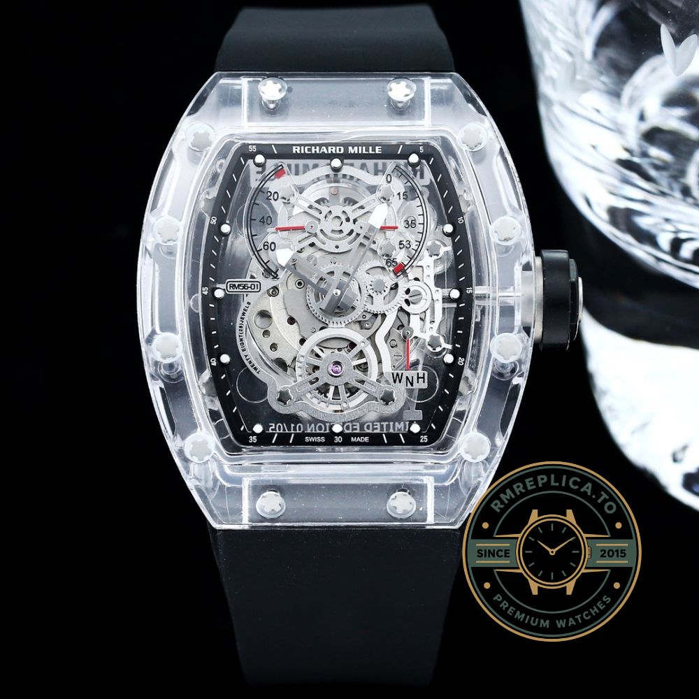 Richard Mille replica for sale RM56-01 transparent case with black strap front display view – richard mille replica for sale