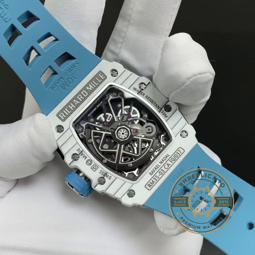 Best Swiss Richard Mille RM 35-03 Rafael Nadal replica watch for men with white carbon fiber case and blue strap front view – richard mille replica