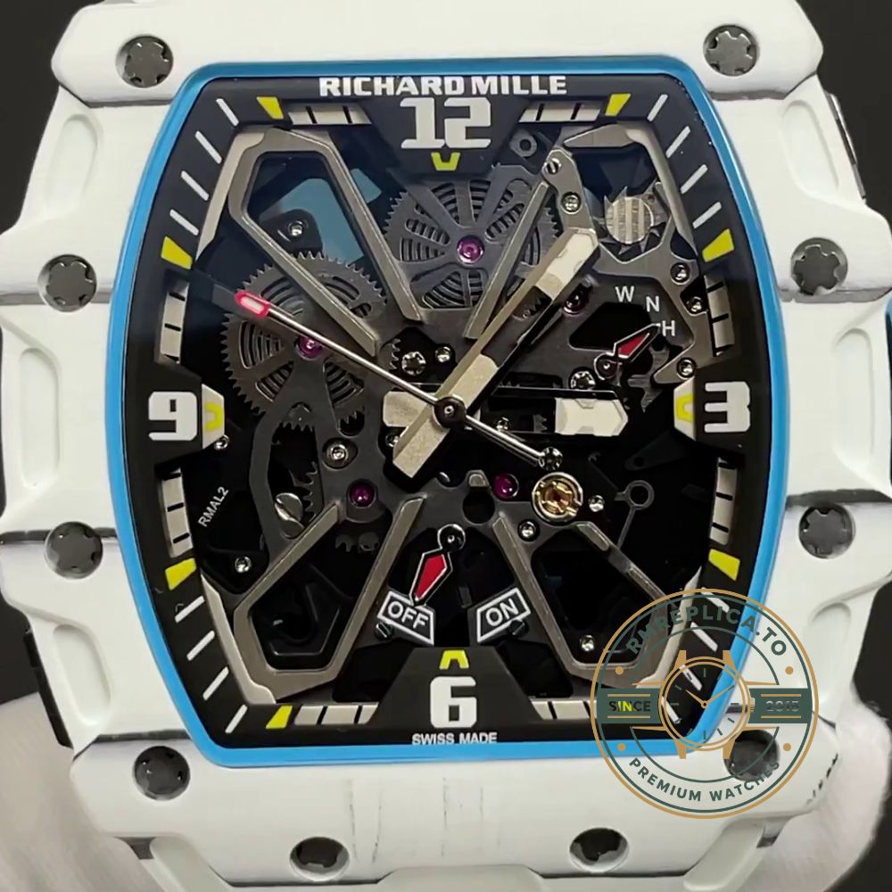 Richard Mille RM 35-03 Rafael Nadal super clone side view with white carbon fiber case and light blue rubber strap – richard mille super clone