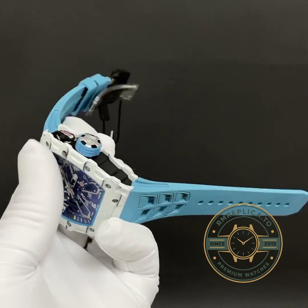 Richard Mille replicas RM 35-03 Rafael Nadal on wrist with white carbon fiber case and blue strap – richard mille replicas