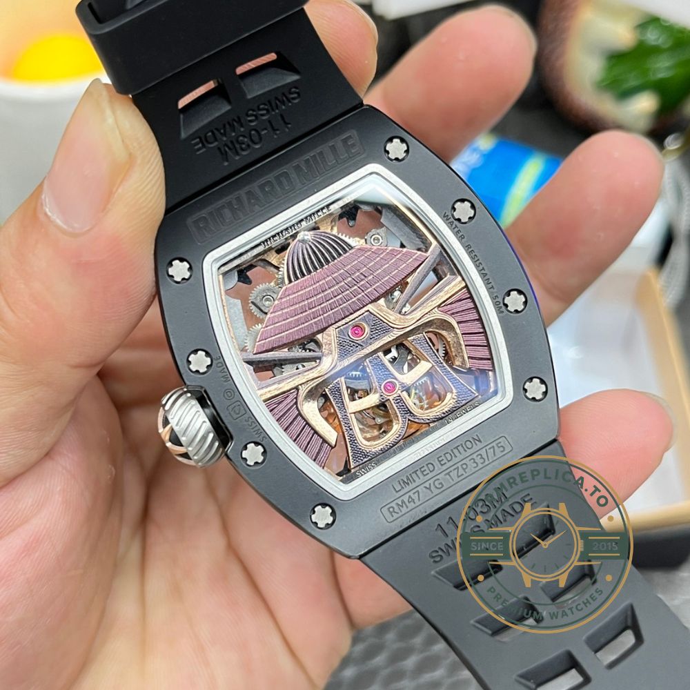 Replica Richard Mille RM47 Tourbillon watch with Japanese Maple Leaf motif, black case and black rubber strap front view – richard mille replica