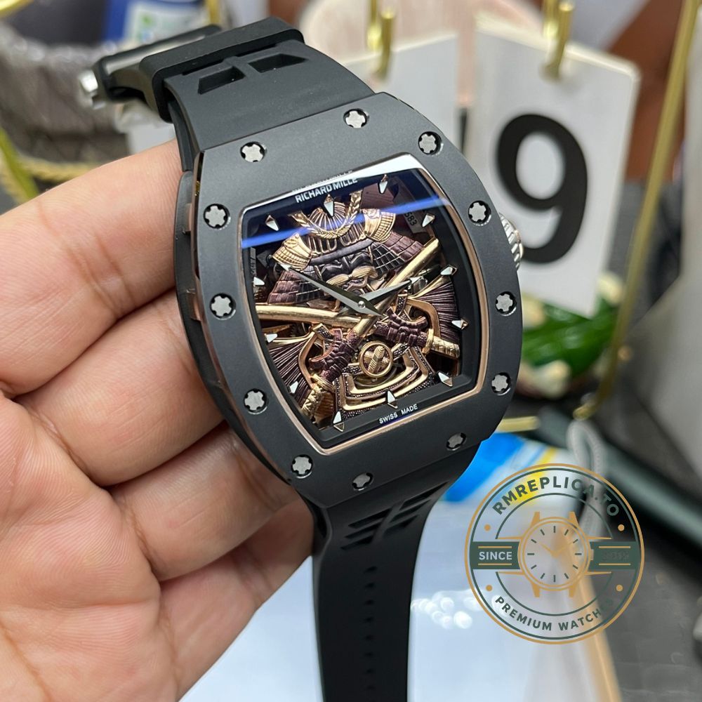 Richard Mille RM47 super clone samurai armor tourbillon watch angled front detail view, black case and black rubber strap – richard mille super clone