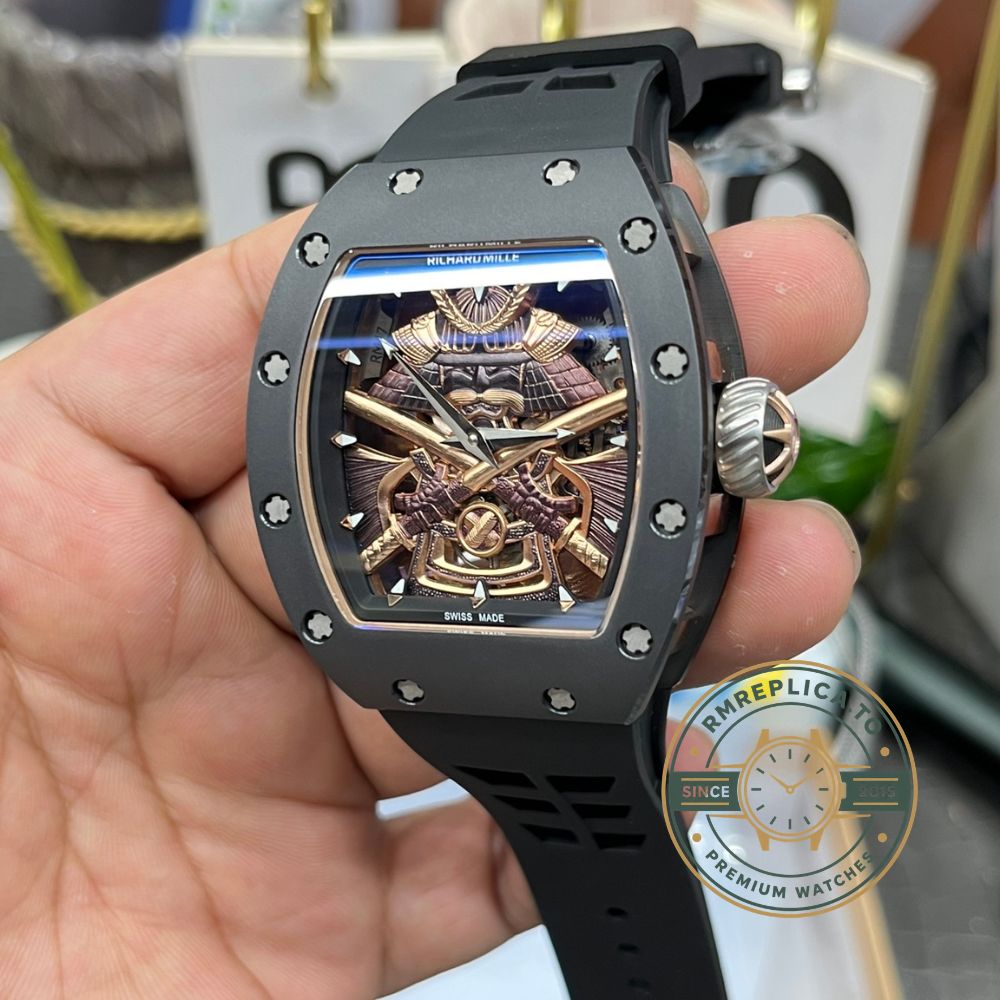 Imitation Richard Mille RM47 samurai tourbillon watch handheld front display view, black carbon case and black rubber strap – imitation richard mille