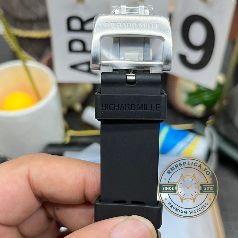 Richard Mille replica for sale RM47 tourbillon movement caseback detail view, black case and black rubber strap – richard mille replica for sale