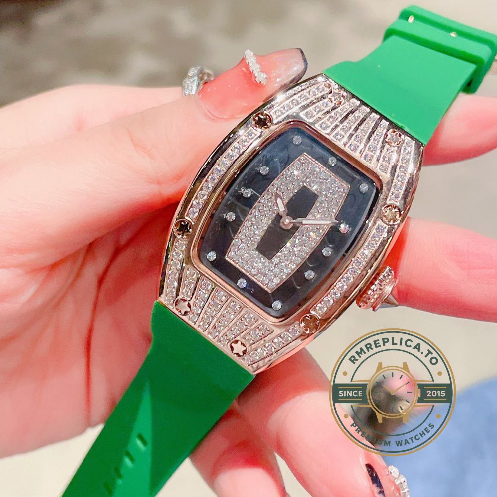 Luxury replica Richard Mille RM 007 ladies diamond set green strap watch with black dial and green rubber strap main image – richard mille replica