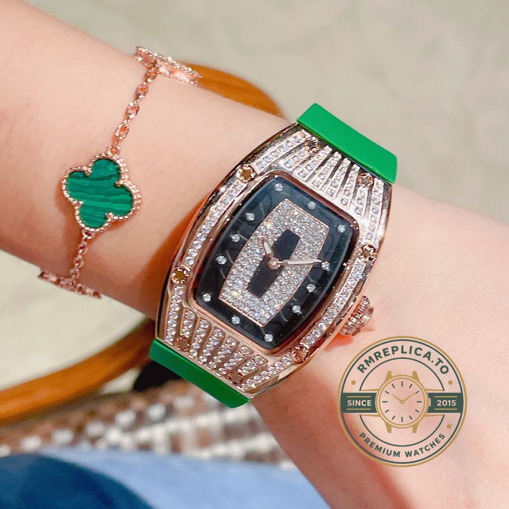 Richard Mille RM 007 super clone front view with diamond-set bezel and green rubber strap – richard mille super clone