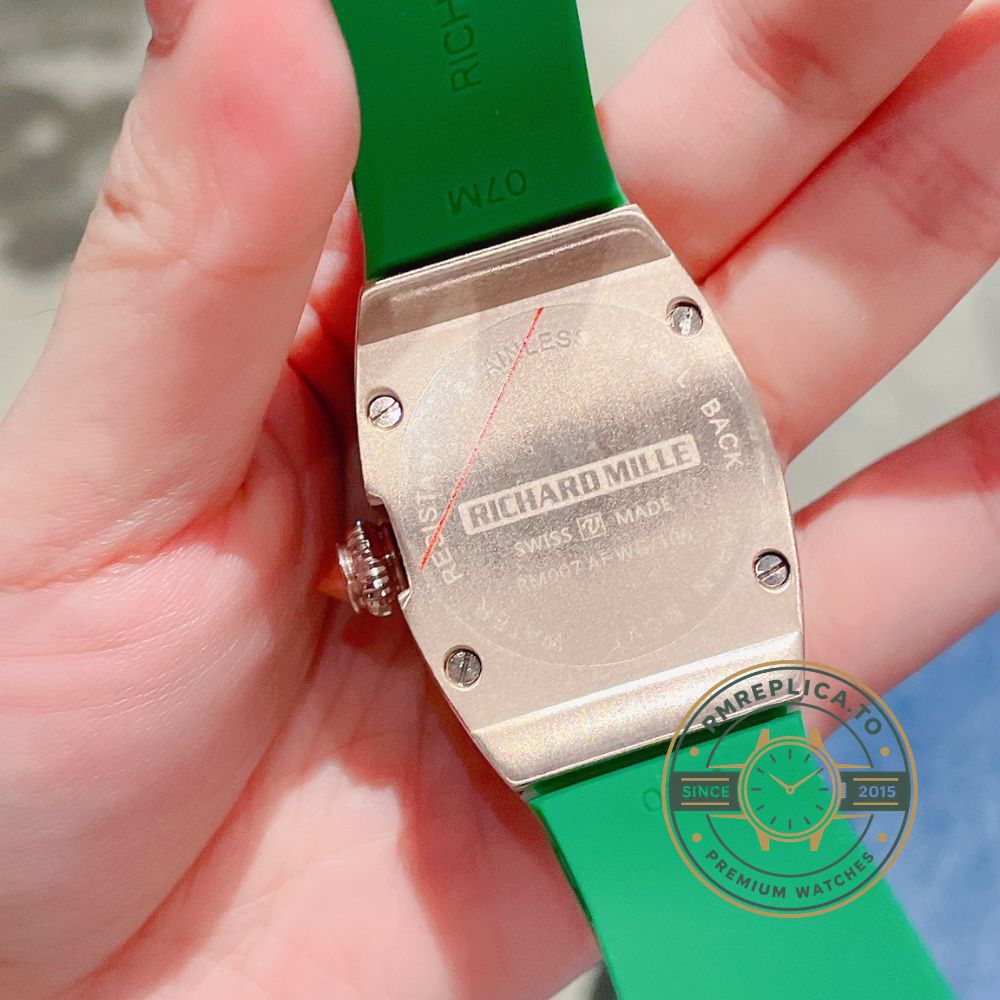 Fake Richard Mille RM 007 ladies watch dial detail with diamond-paved center and diamond indexes – fake richard mille