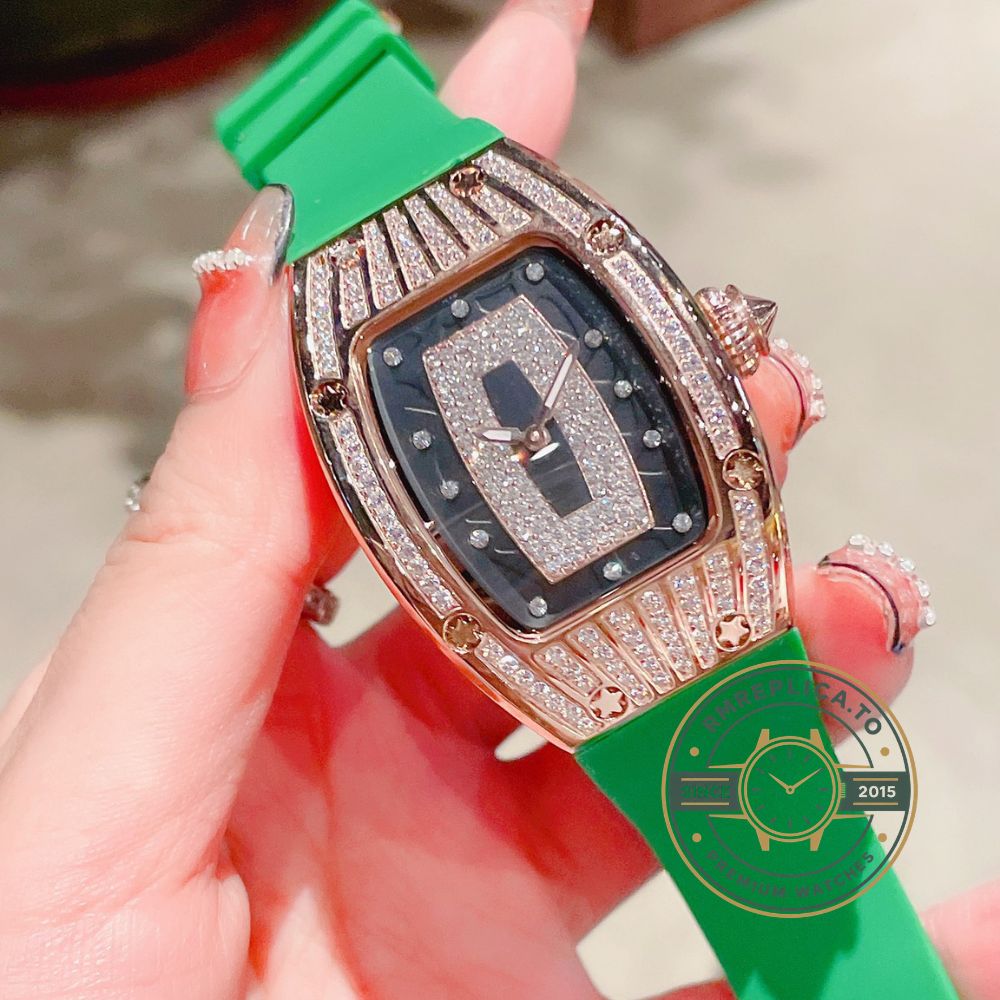 Richard Mille clone RM 007 side view with diamond-set crown and green rubber strap – richard mille clone