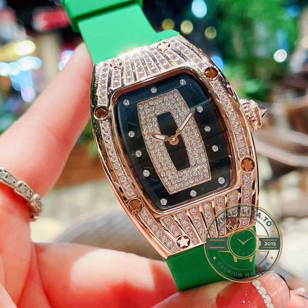 Richard Mille replicas RM 007 green rubber strap detail with diamond-set case – richard mille replicas