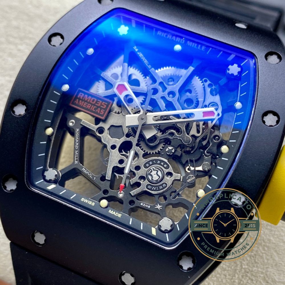 Fake Richard Mille RM 035 Rafael Nadal Americas limited edition dial detail view with red sport accents – fake richard mille