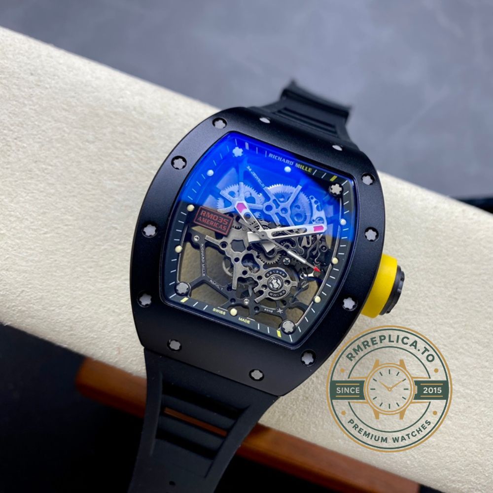 Richard Mille swiss replicas RM 035 Rafael Nadal Americas black rubber strap buckle detail – richard mille swiss replicas