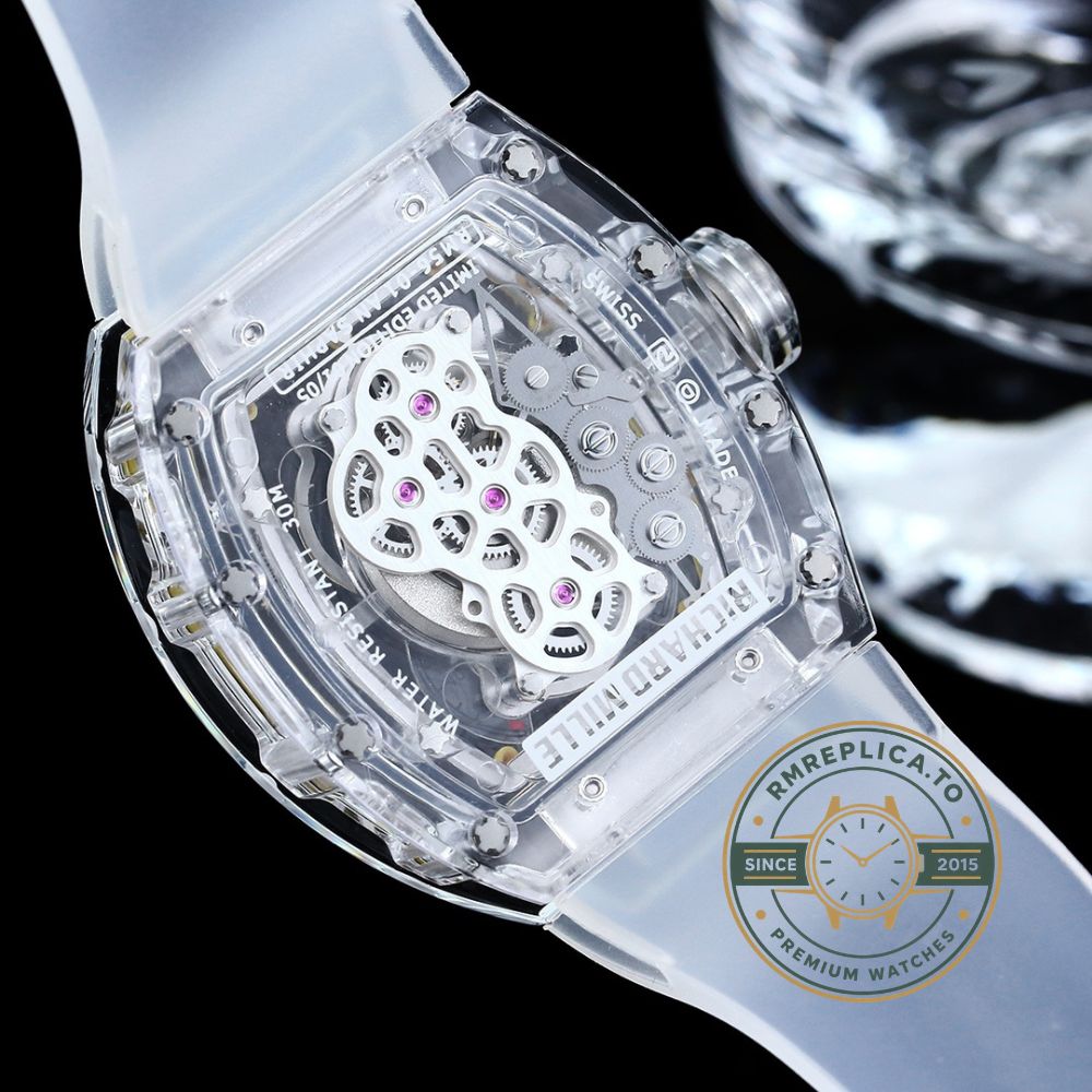 Best Swiss replica Richard Mille RM56-01 transparent glass case watch front view with yellow inner bezel and skeleton dial – richard mille replica