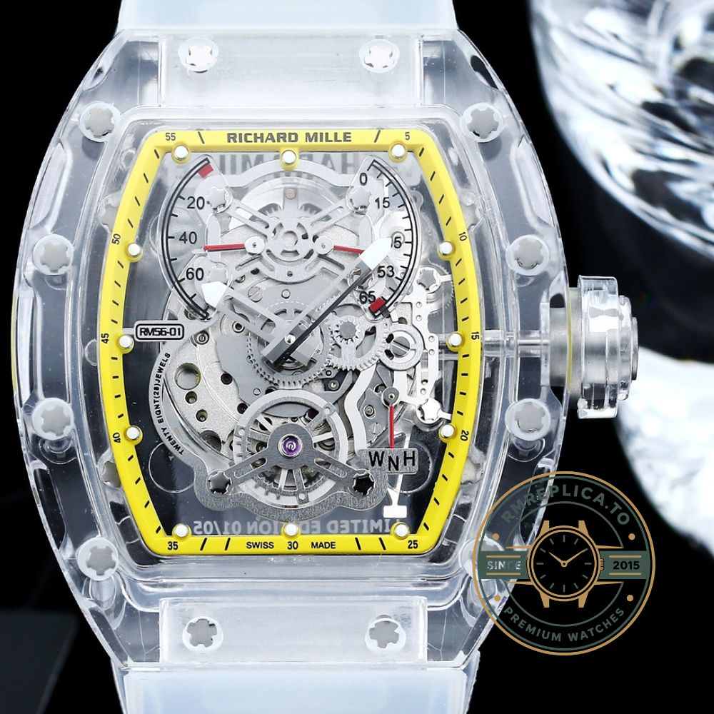 Richard Mille RM56-01 super clone transparent sapphire case yellow skeleton dial close front detail – richard mille super clone