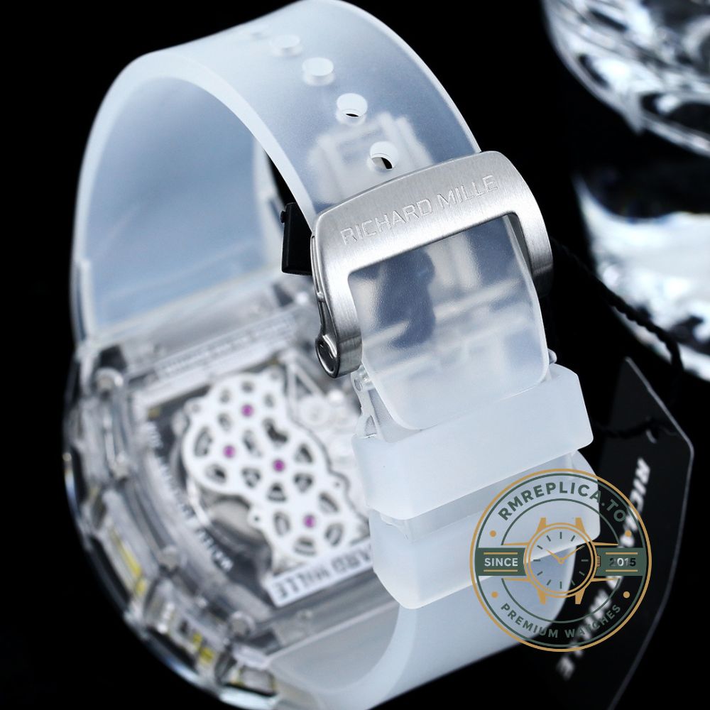 Fake Richard Mille RM56-01 transparent glass case yellow skeleton dial angled view – fake richard mille