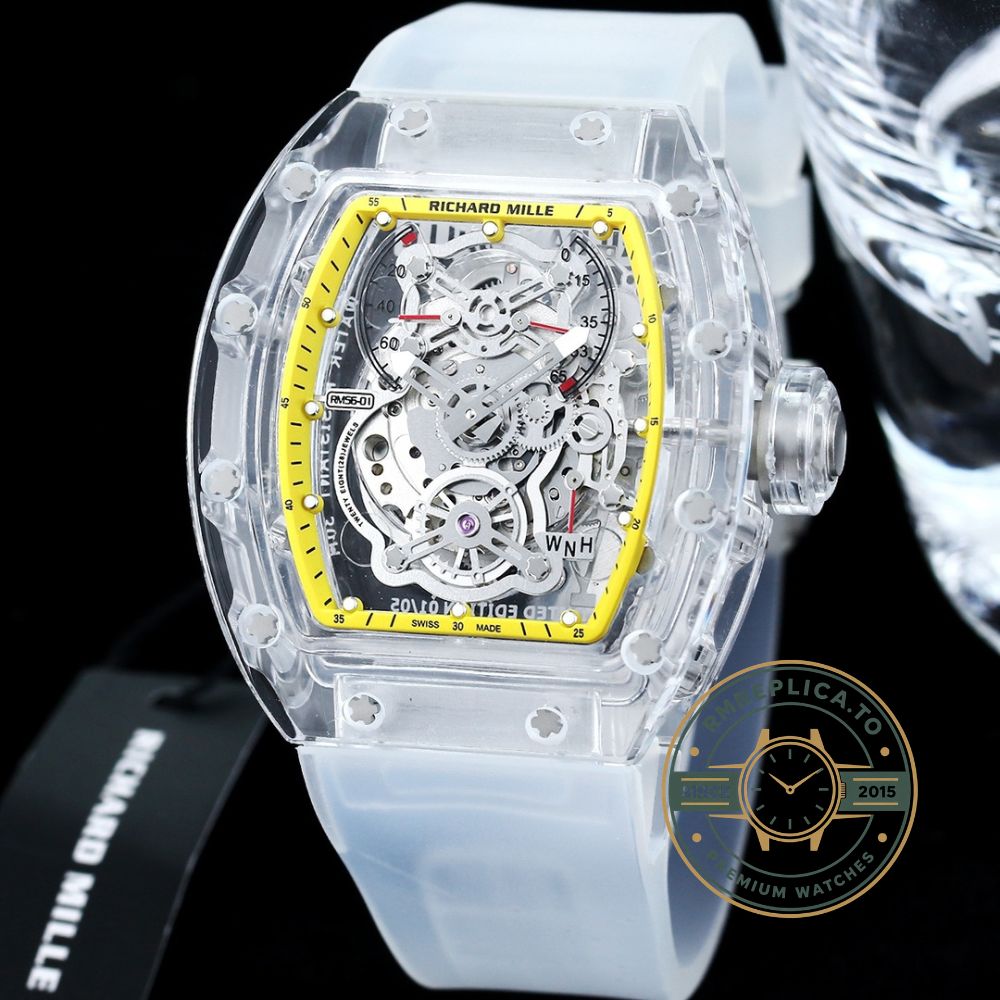 Replica Richard Mille watch RM56-01 transparent sapphire case side profile crown detail – replica richard mille watch