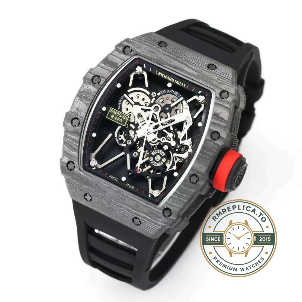 Richard Mille RM 35-01 Rafael Nadal replica Swiss watch with skeleton dial, NTPT carbon case and black rubber strap front view – richard mille replica