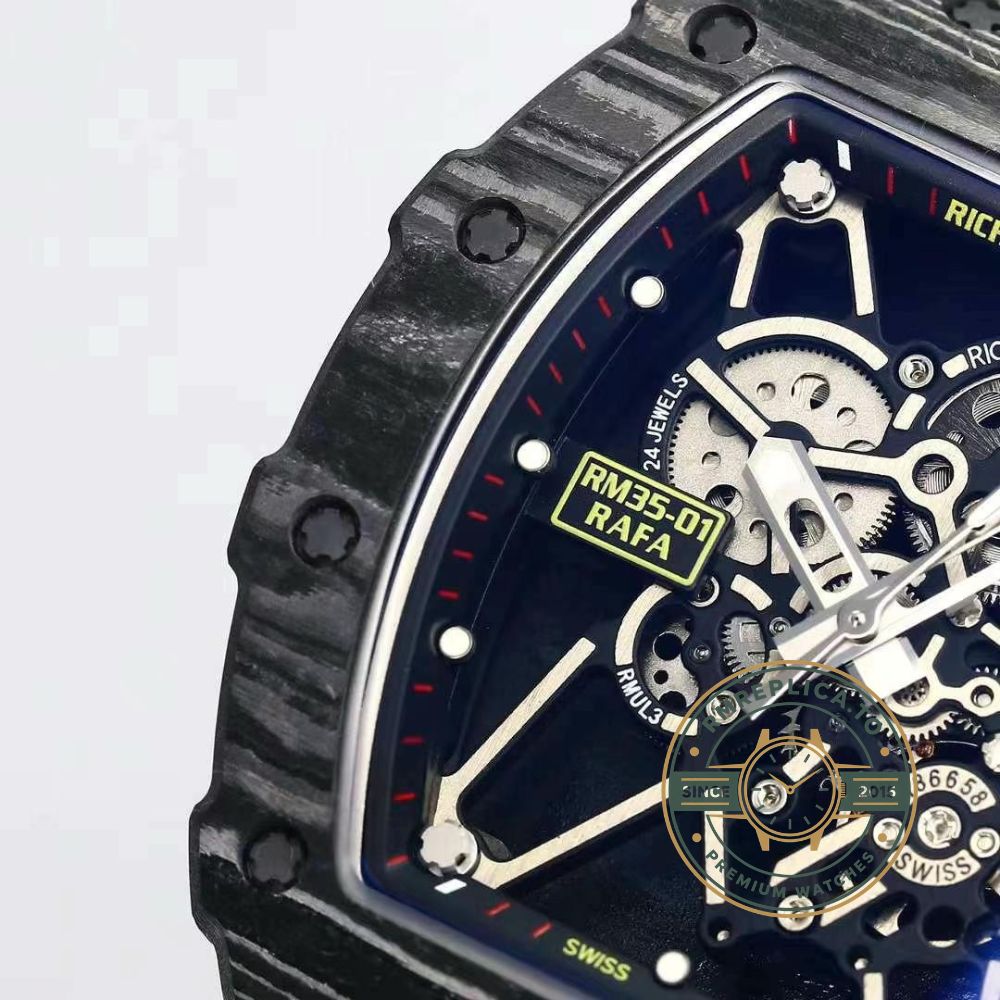 Richard Mille RM 35-01 Rafael Nadal super clone angled view showing NTPT carbon case and skeleton dial – richard mille super clone
