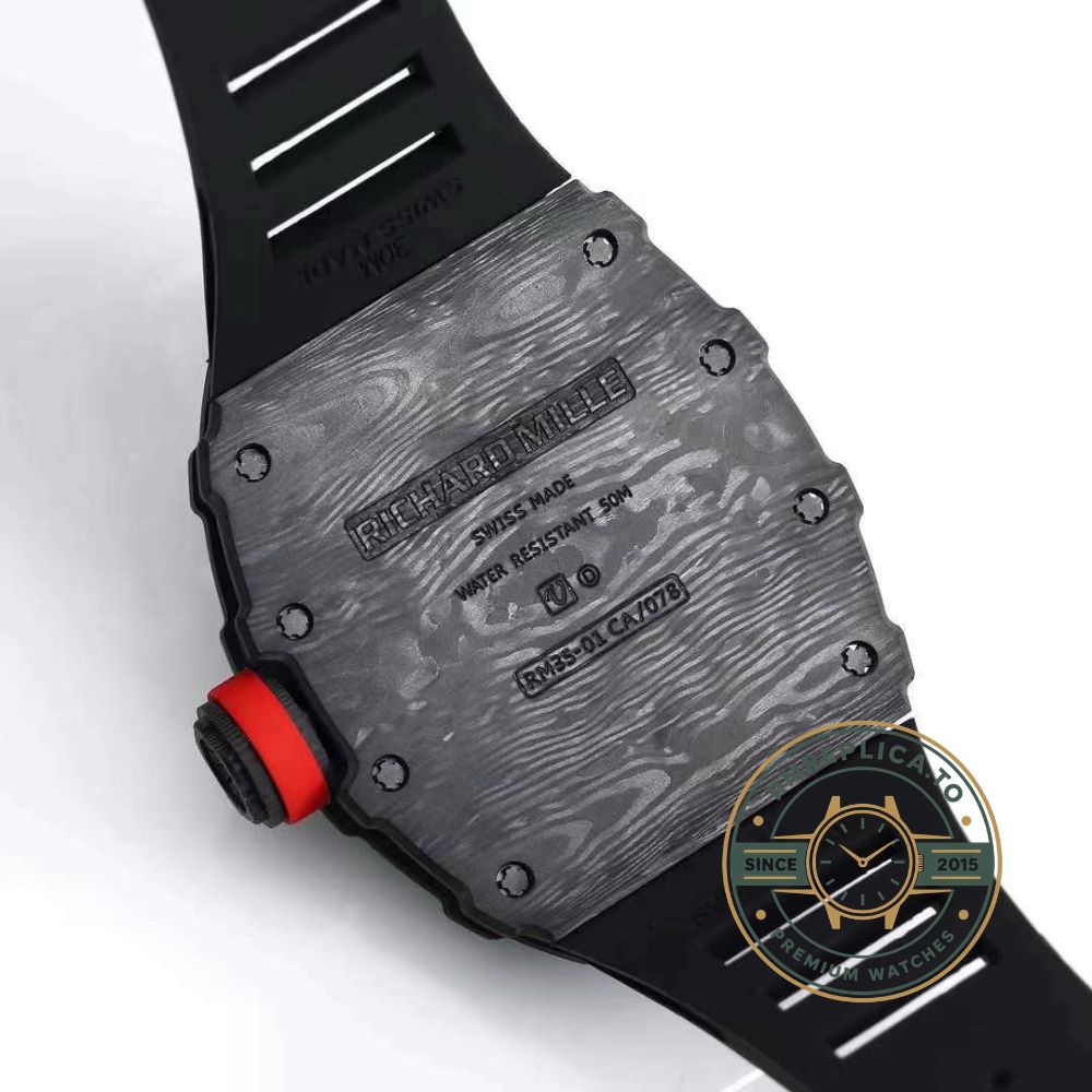 Fake Richard Mille RM 35-01 Rafael Nadal skeleton dial detail with black and red racing-themed inner bezel – fake richard mille