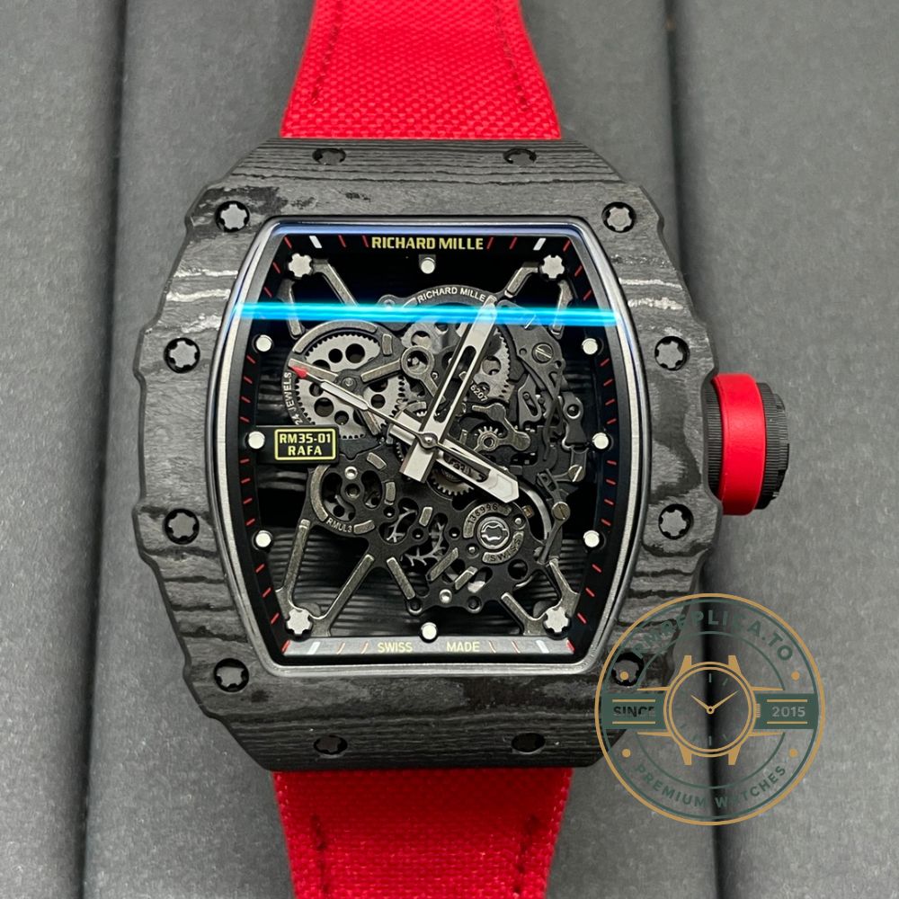 Fake Richard Mille RM 35-01 Rafael Nadal skeleton dial detail with classic black-red racetrack inner accents – fake richard mille