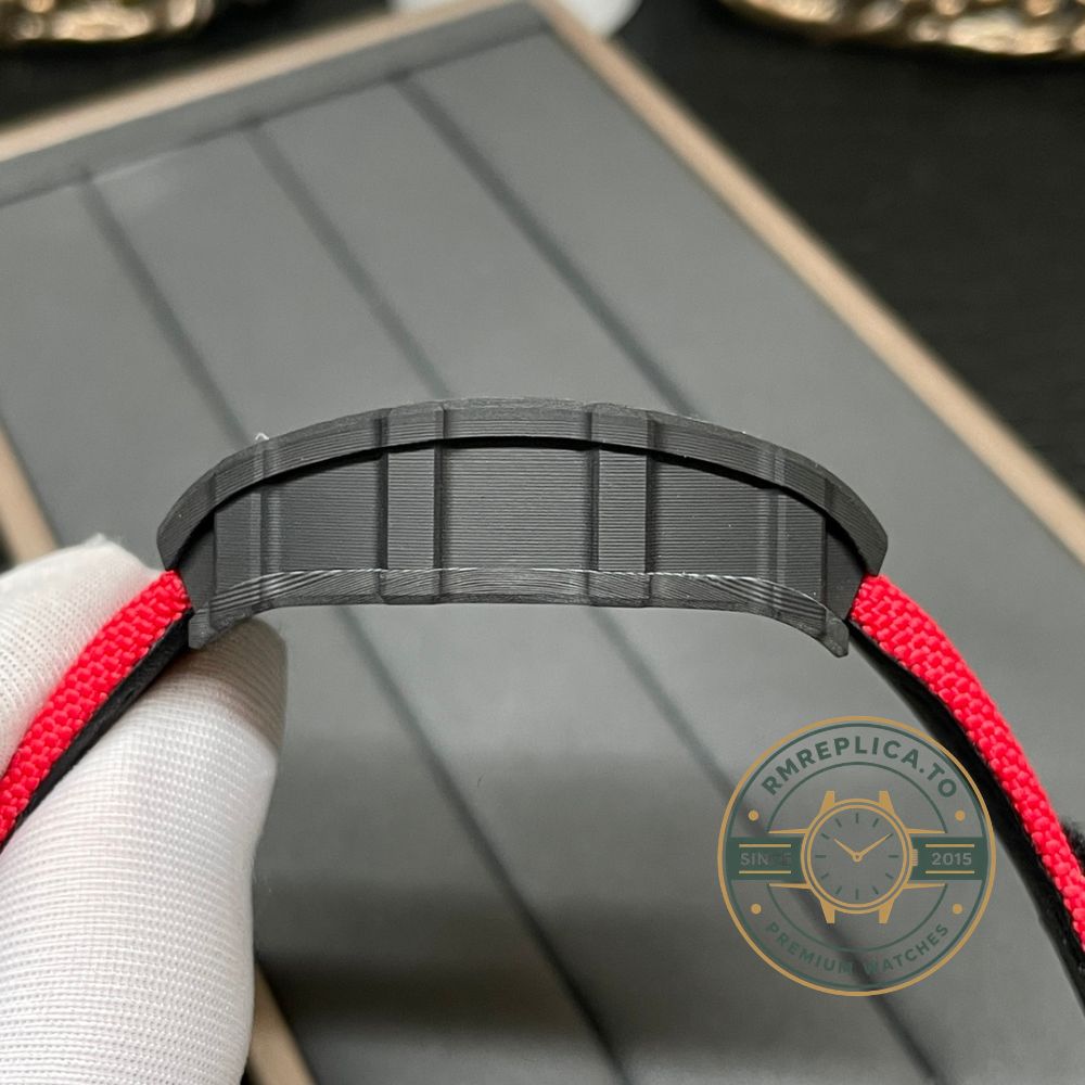 Richard Mille clone RM 35-01 Rafael Nadal side view with NTPT carbon fiber case and red nylon Velcro strap – richard mille clone