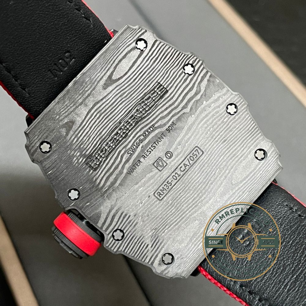 Richard Mille replica for sale RM 35-01 Rafael Nadal on wrist, ultra-light NTPT carbon watch weight detail – richard mille replica for sale