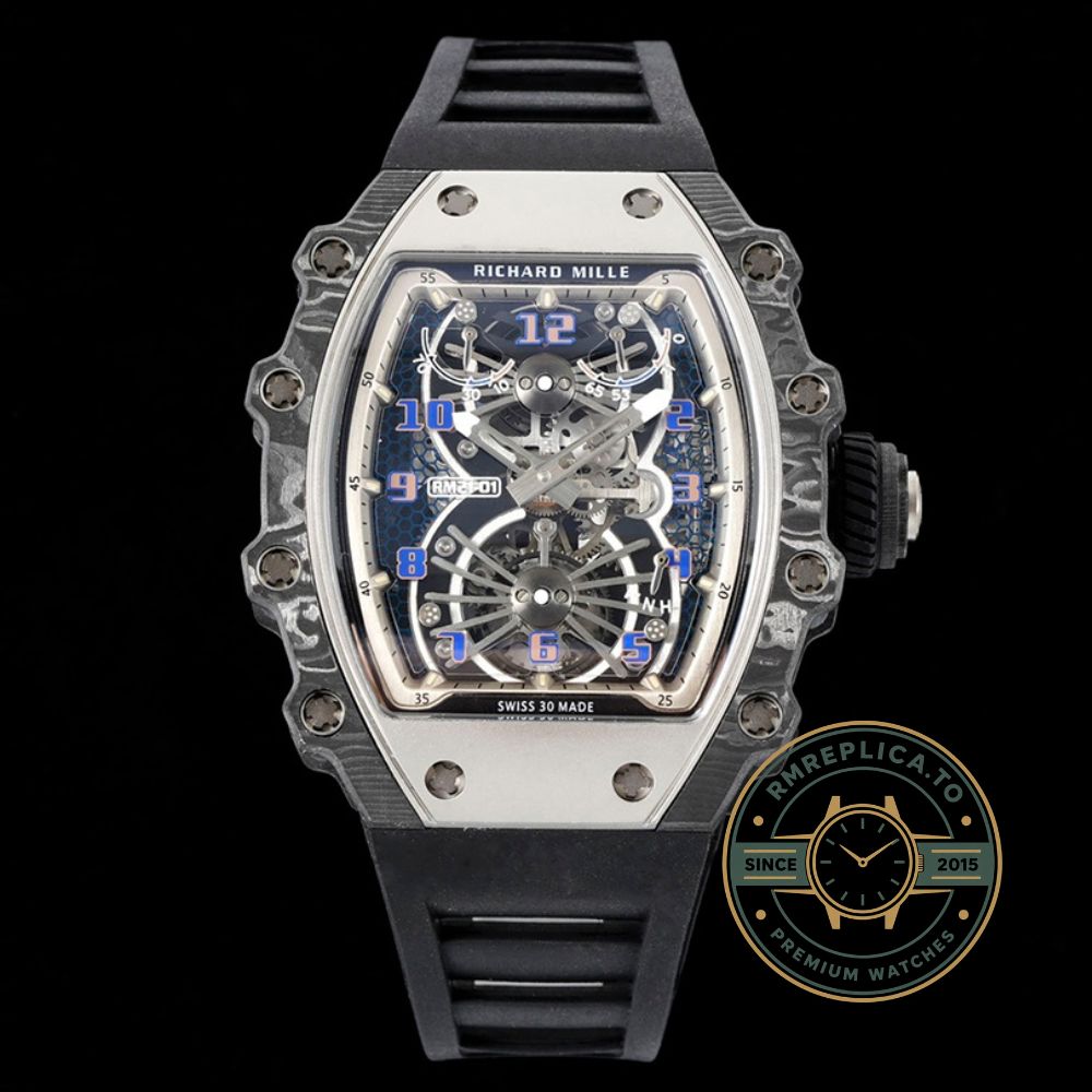 Richard Mille RM 21-01 Tourbillon Aerodyne super clone angled view with Carbon TPT case and skeleton dial – richard mille super clone