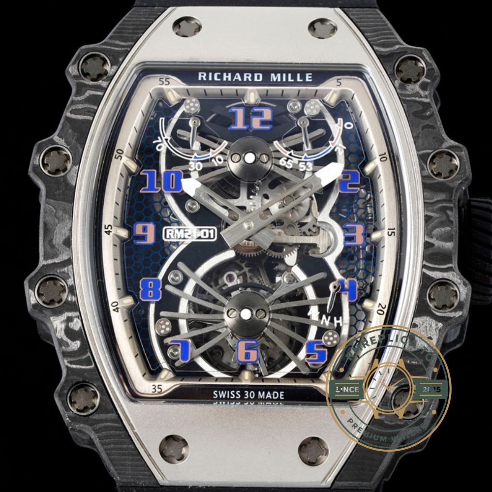Fake Richard Mille RM 21-01 Tourbillon Aerodyne dial detail with Arabic numerals and skeletonized movement – fake richard mille