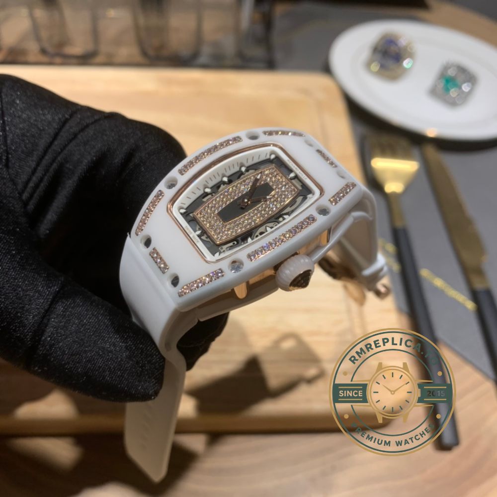 Elegant Swiss Richard Mille RM 07-01 replica white ceramic & rose gold diamond dial watch for women main image – richard mille replica