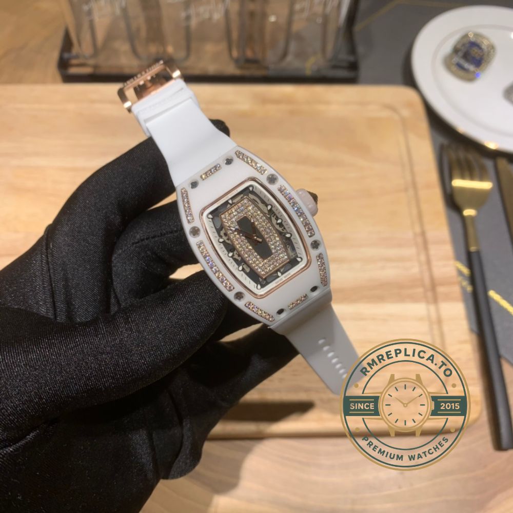 Richard Mille RM 07-01 super clone front view with white ceramic case, rose gold diamond dial and white rubber strap – richard mille super clone