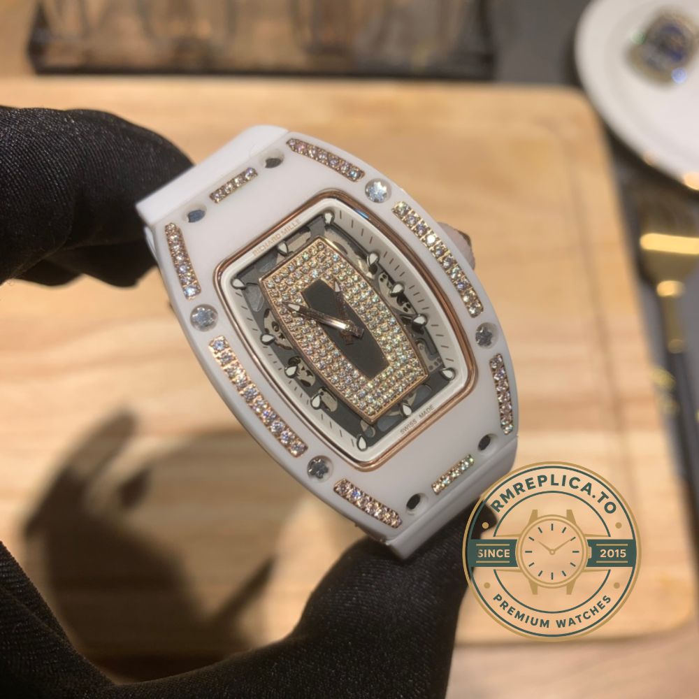Fake Richard Mille RM 07-01 ladies watch dial detail with diamond-paved center and rose gold accents – fake richard mille