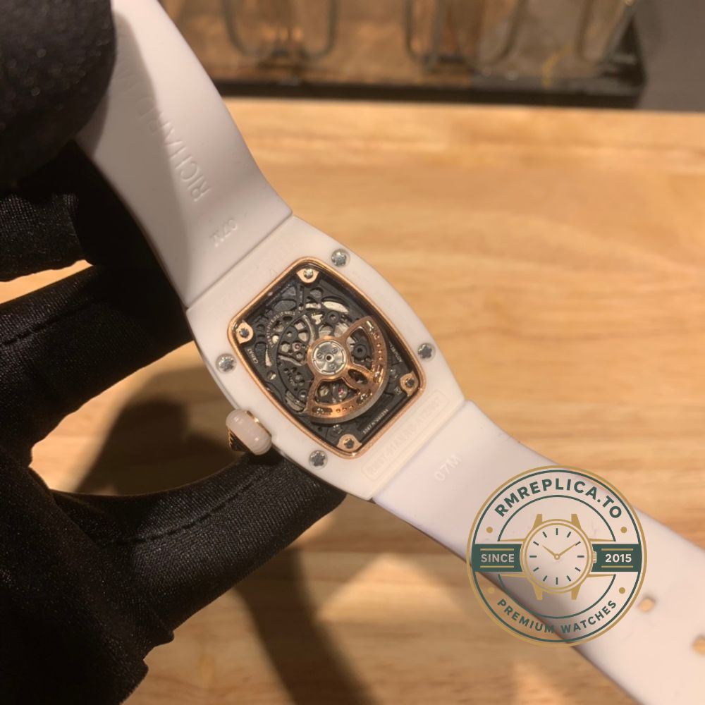 Replica Richard Mille watch RM 07-01 side view showing diamond-set white ceramic case – replica richard mille watch