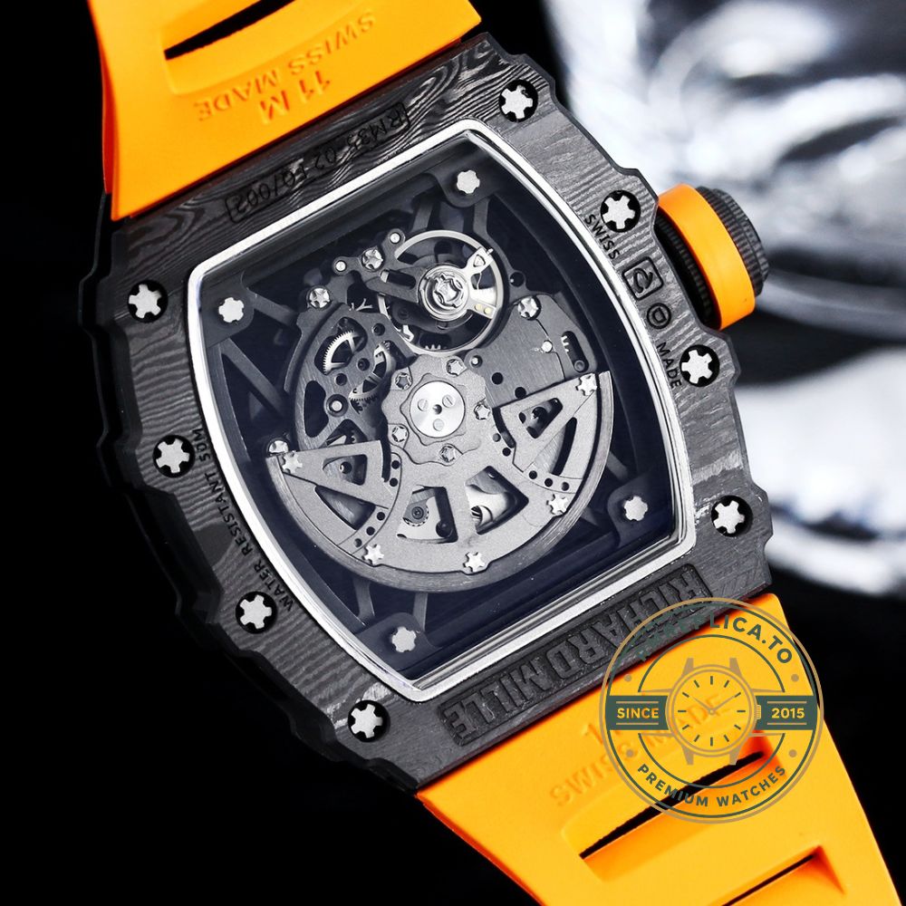 Fake Richard Mille RM 35-02 skeleton dial detail with luminous hands – fake richard mille