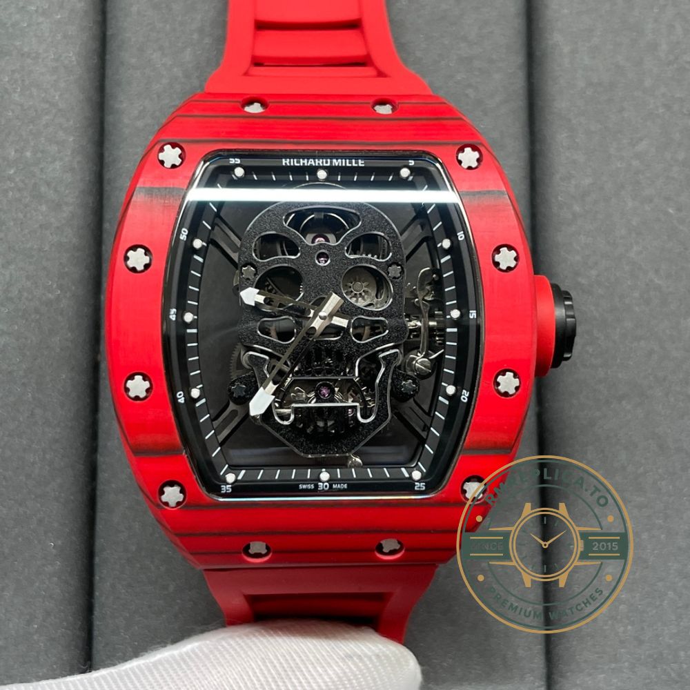 Richard Mille RM 52-01 super clone angled view showing skeleton skull dial and red carbon case – richard mille super clone