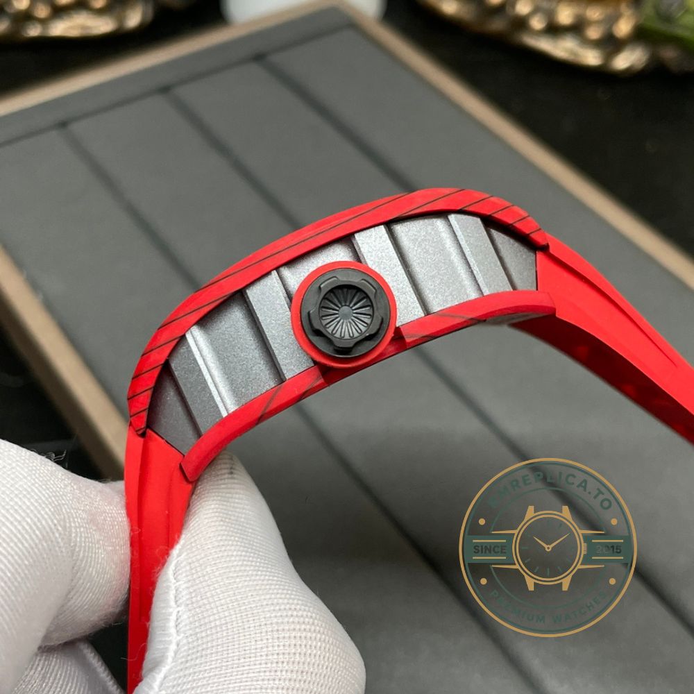 Fake Richard Mille RM 52-01 side view with red carbon composite case and red rubber strap – fake richard mille