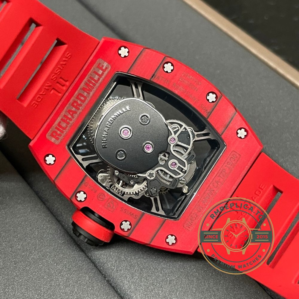 Replica Richard Mille watch RM 52-01 caseback movement detail showing Swiss tourbillon movement – replica richard mille watch