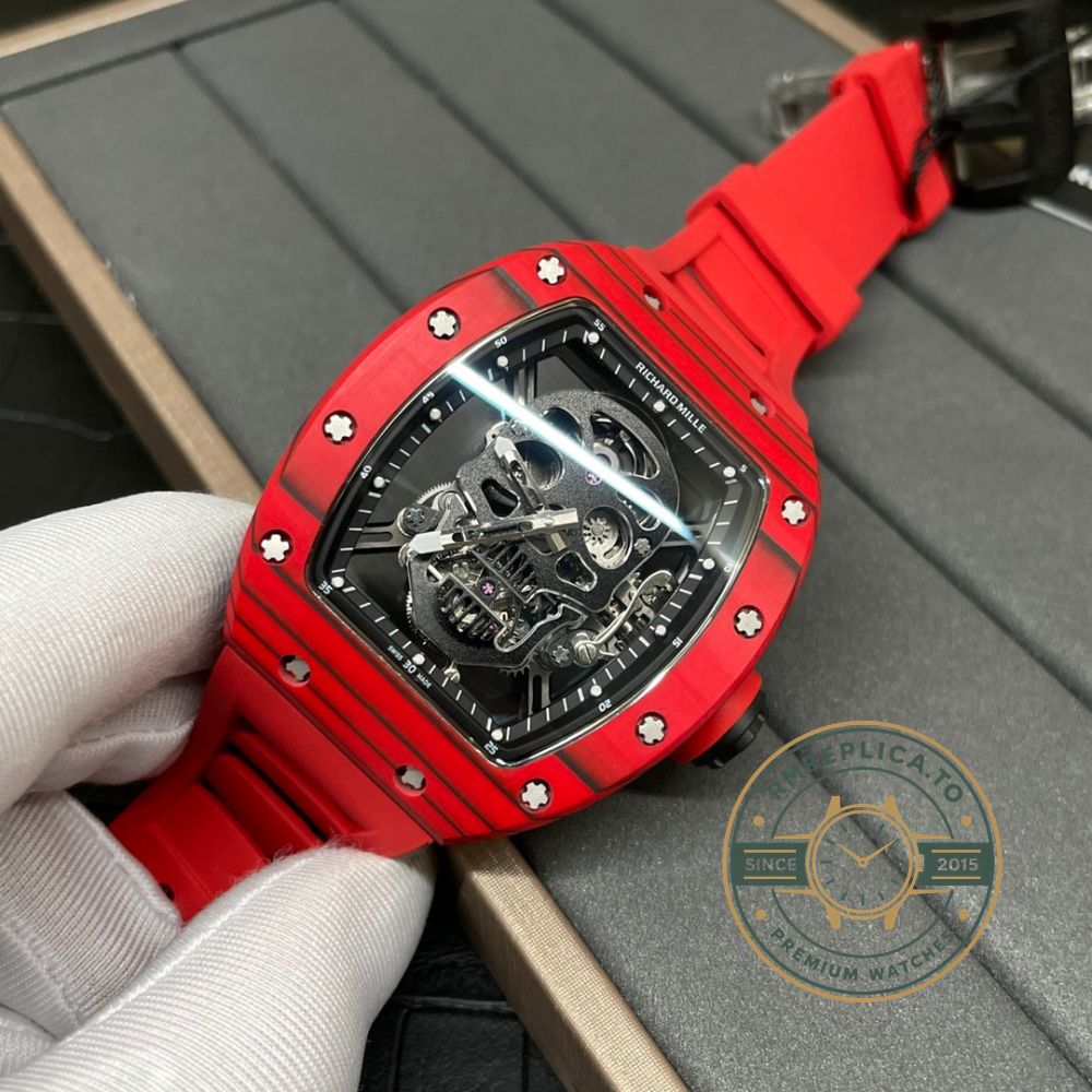 Best Richard Mille replica RM 52-01 crown detail on red carbon case – best richard mille replica