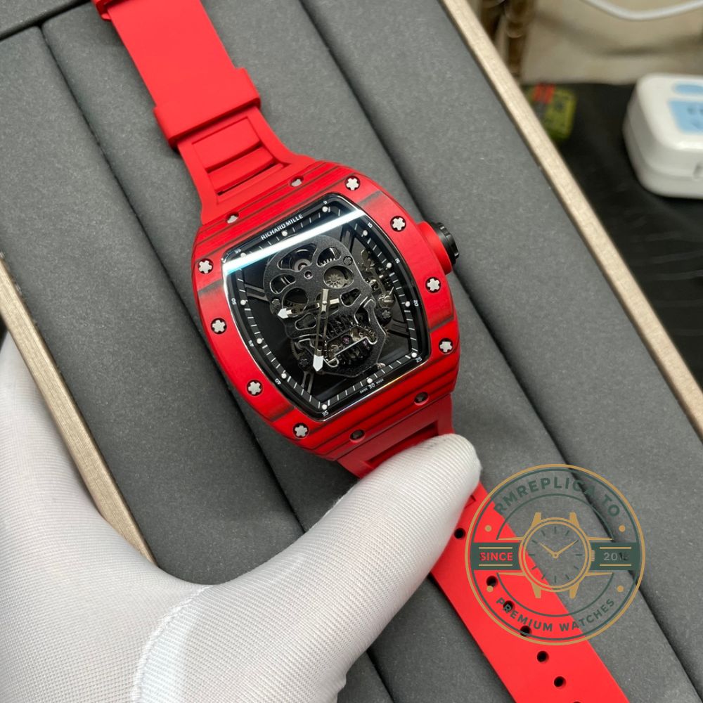 Richard Mille swiss replicas RM 52-01 on wrist with red carbon case and skull dial – richard mille swiss replicas
