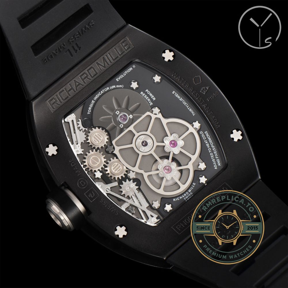 Best Richard Mille RM001 replica men's tourbillon watch black case black skeleton dial black rubber strap front view – richard mille replica
