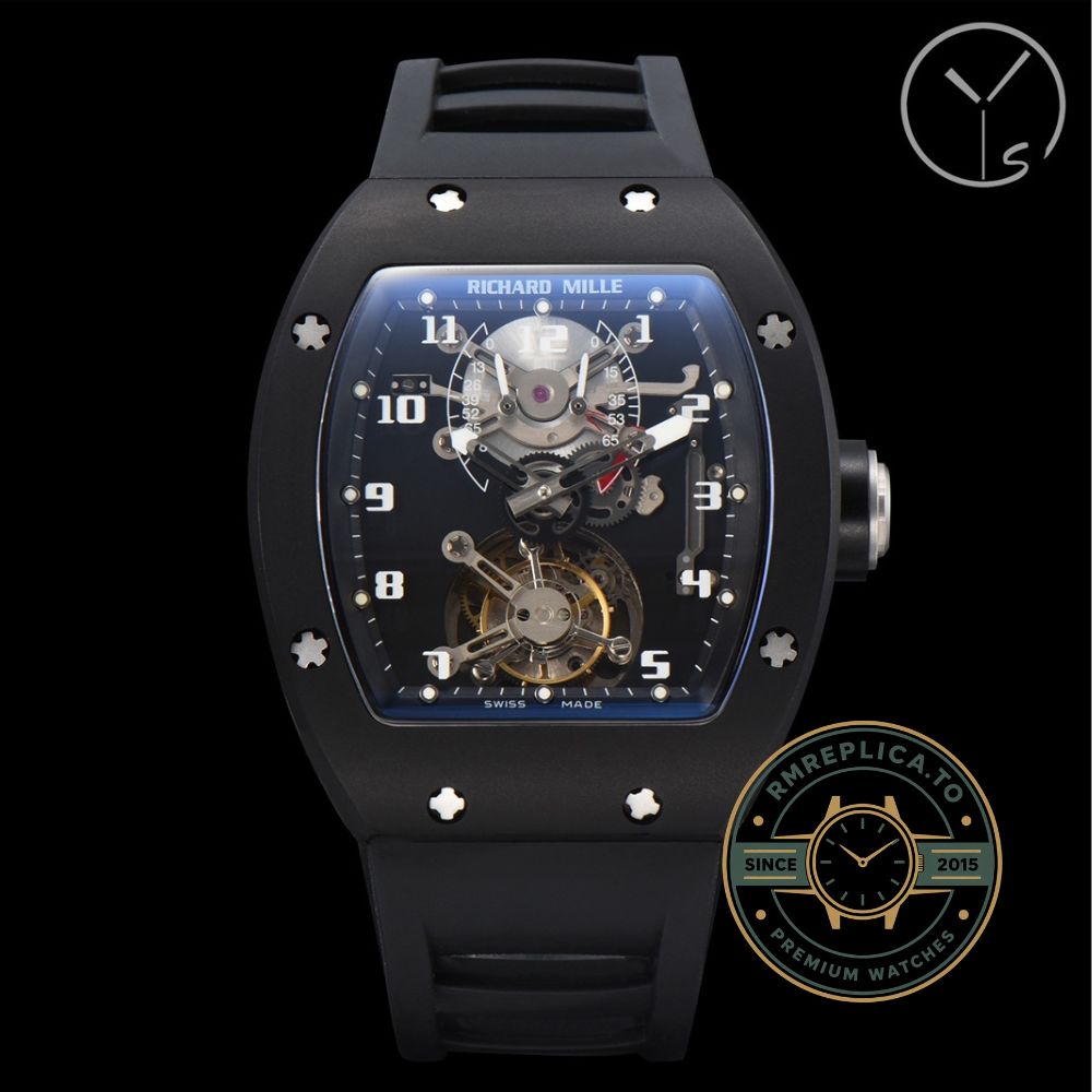 Richard Mille RM001 super clone tourbillon black case skeleton dial front detail – richard mille super clone