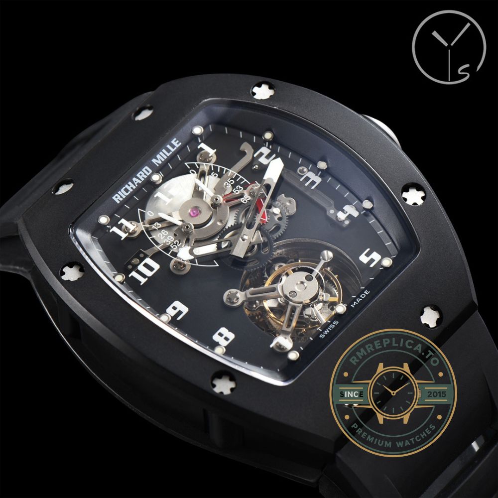 Fake Richard Mille RM001 tourbillon black case angled front view with black skeleton dial – fake richard mille
